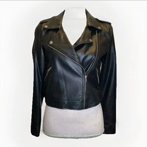 Vegan Black Leather Jacket Small Moto Faux Short Silver Accents